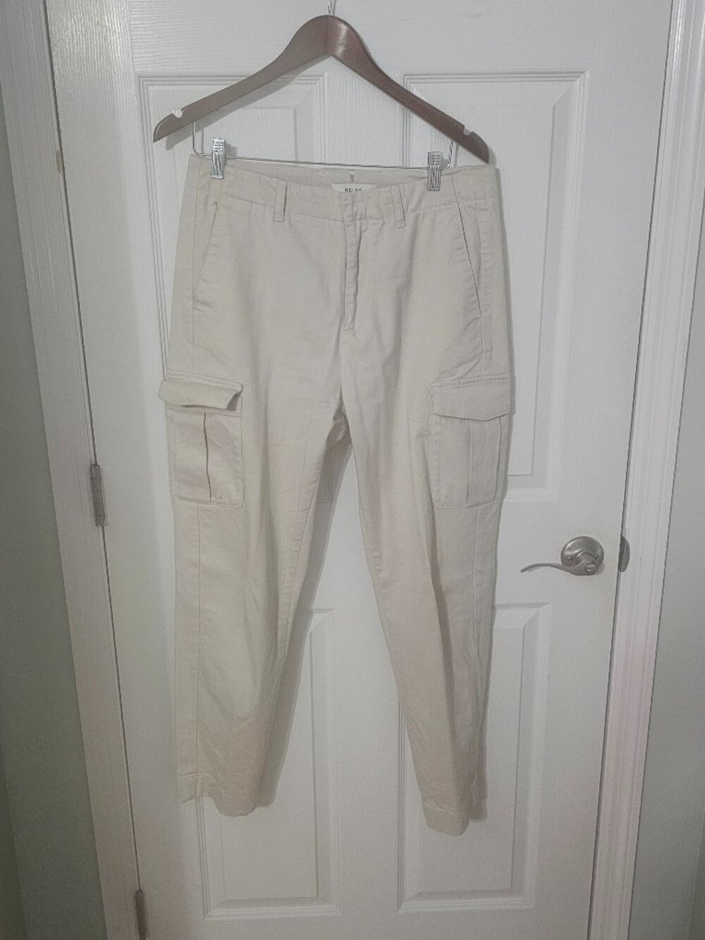 Reiss Mens Beige Cream Cotton Stretch Cargo Trousers Size 30 Slim Tapered Chino